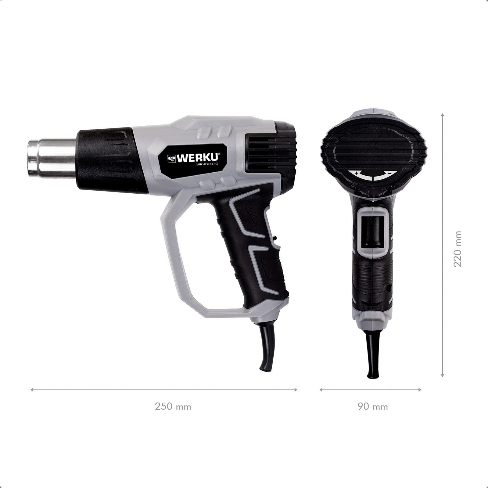 Werku WK402070, Pistola Aire Caliente, Calidad Profesional, Potencia 2000 W, Control Temperatura 50-600ºC, Control Aire 300-500 LPM, Incluye Maletín y Accesorios