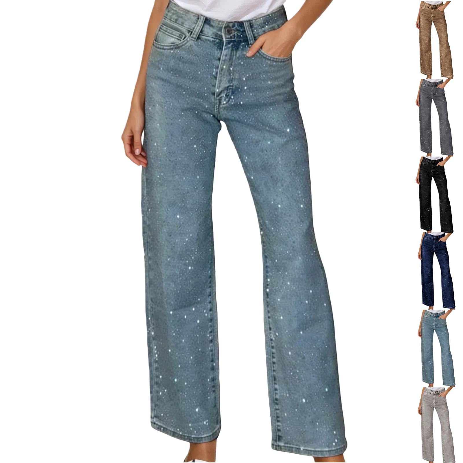 Glitzer Jeans Damen Baggy mit Strasssteinen Glänzend Jeanshose Hoher Taille Gerade Bein Pailetten Freizeithose Y2K Rhinestone Glitzerjeans Frauen Festlich Denim Pants Karneval Party Silvester Outfit