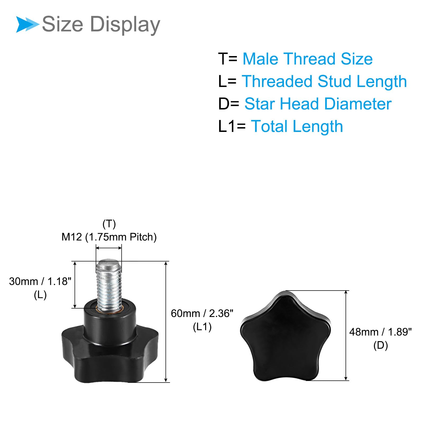 CoCud Star Clamping Knobs, M12 x 30mm Male Thread 48mm Head, Plastic Thumb Screw Grip Hand Knobs Threaded Bolt Black - Image 2
