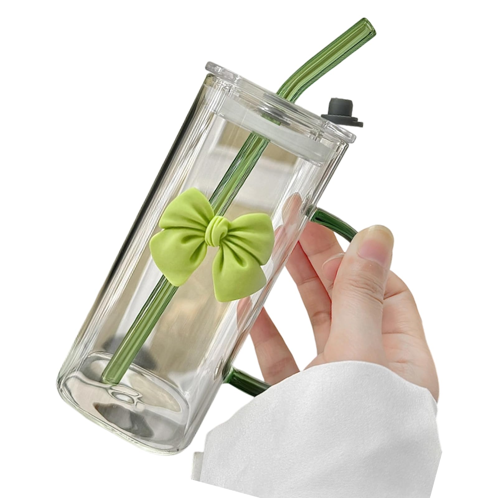Xinsheinelry 400ml Square Glass Drinking Cup with Straw and Bowknot Accent Water Tumblers Mug for Various Beverages Glass Cup