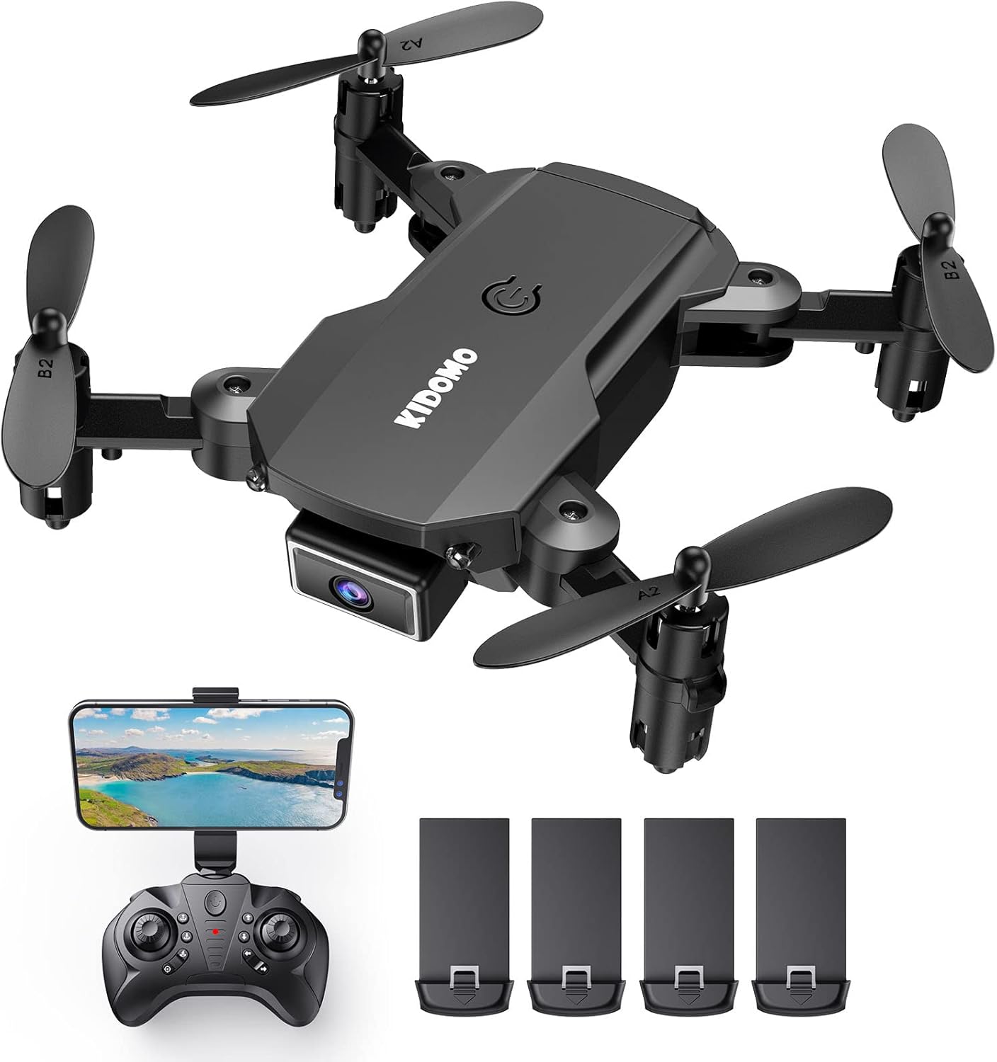 KIDOMO F02 Mini Drone, remote controller, and four batteries