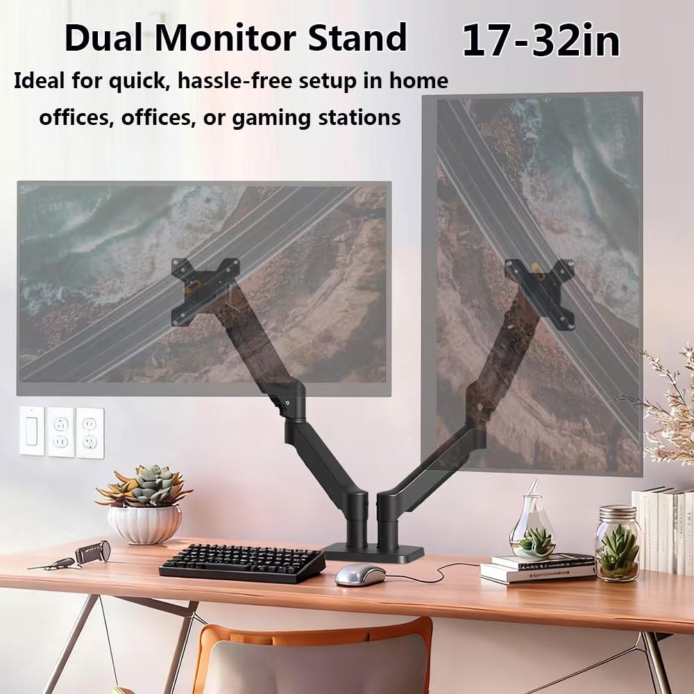 Supporto Per Doppio Monitor, Braccio Ergonomico Da Scrivania Per Monitor Da 17 A 32 Pollici – Portata Fino A 10 Kg (22 Lbs) – Regolabile In Altezza, Girevole, Inclinabile E Ruotabile Black