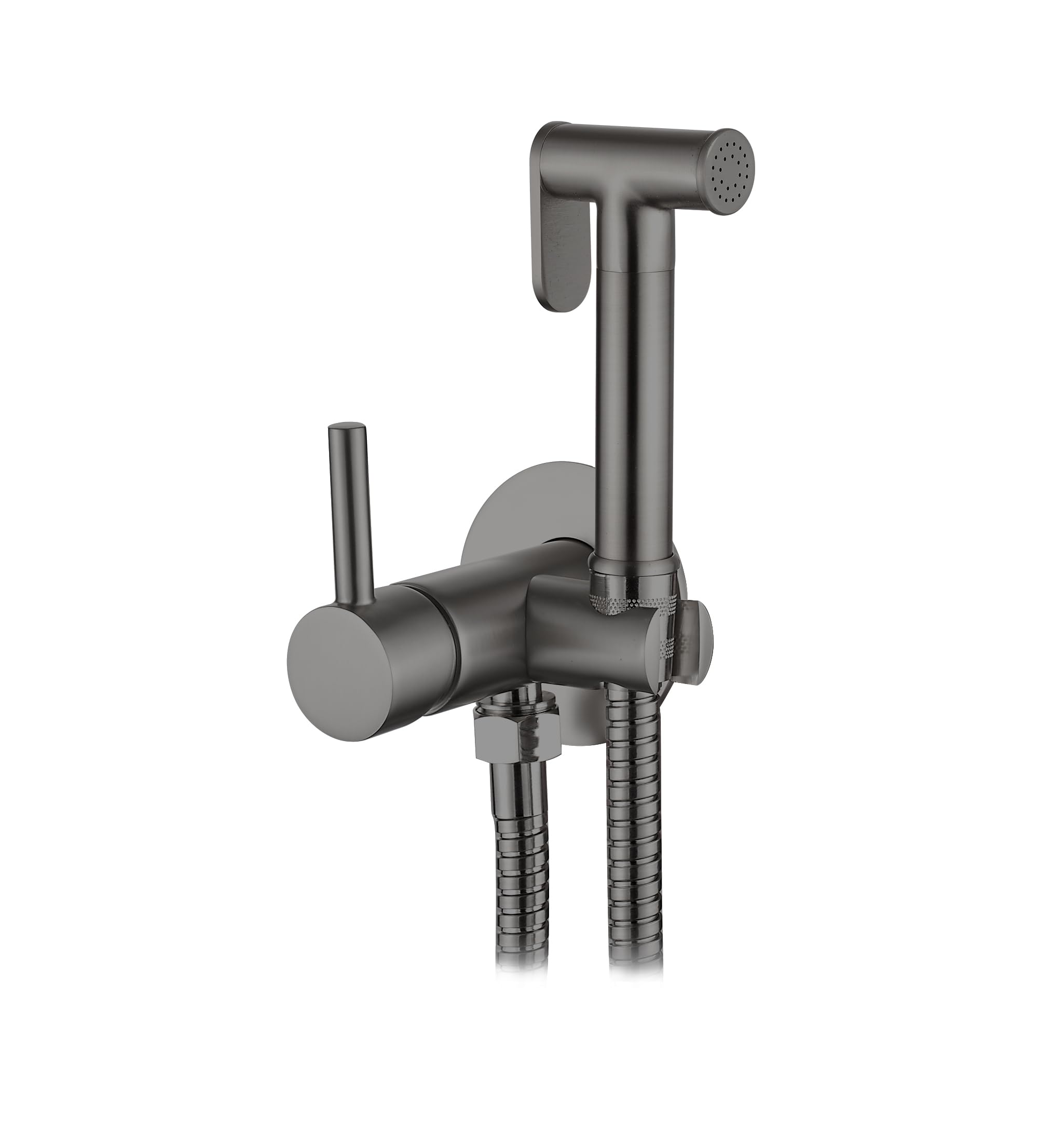 Bidet Cold and Hot Water Mixer Kit - Recessed Mixer Tap with Push Shower and Reinforced Hose 1.2 m (Gun Metal)
