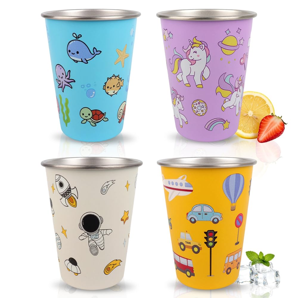 JOAASU 4 Pack Kids Stainless Steel Cups, 350ml Stainless Steel Tumbler, Drinking Cups with Cute Cartoon Prints, Reusable Cartoon Toddler Tumblers, BPA Free Kids Beakers for Home School Picnic Party