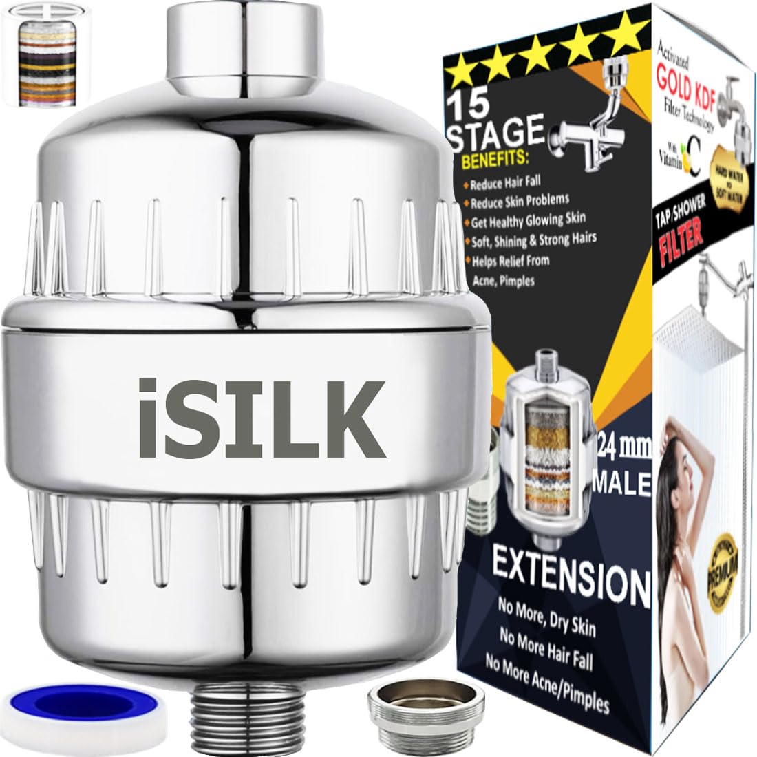 iSILK Home Hard Water Softener Purifiers - Shower Tap 15 Stage Filter, 2 Cartridges Hardness To Softwater Converter Removes Chlorine Salt Impurities From Borewell Municipality Apartment Home Bathroom (B0CR1T6JR8) Amazon Price History, Amazon Price Tracker