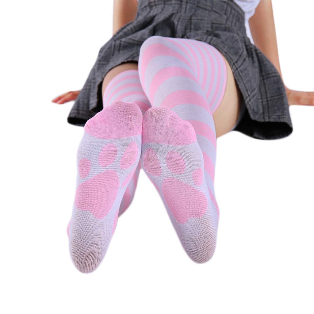Ixkbiced Women Anime Over Knee Long Socks Kawaii Cat Paw Striped Thigh High Stockings