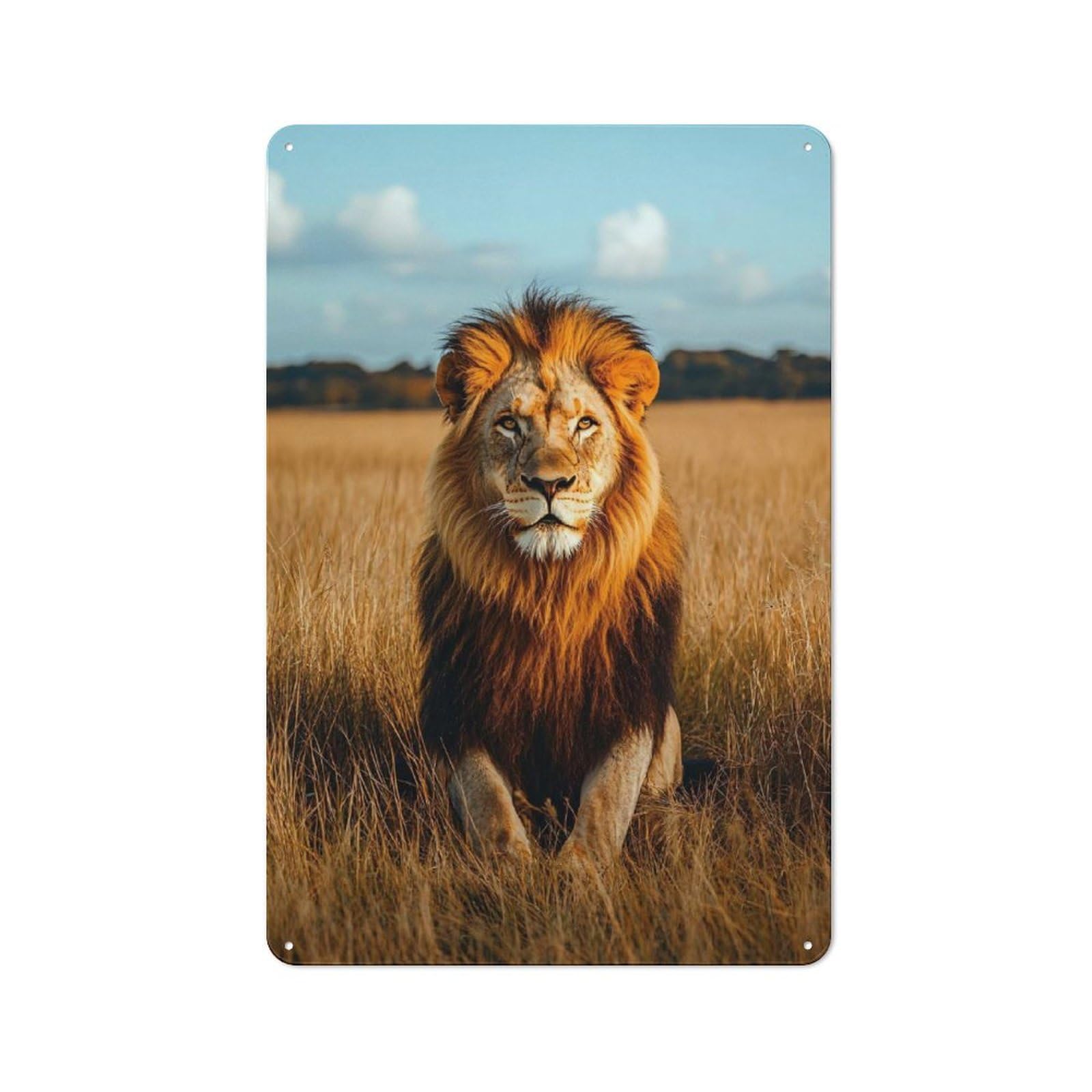 Junmoney Style-3 Character Decorative Tin Plaque 30X20cm Featuring Majestic Lion Portrait In Golden Field, Home Wall Decor For Flat, Dorm Room, Lounge Or Cafe