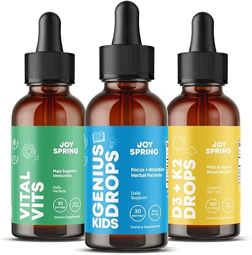 JoySpring Vitamina D3 líquida con vitamina D K2 para niños, apoyo inmunológico para niños, multivitamínico diario con raíz de bardana y saúco para