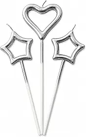 Vela Decorativa para Bolo de Aniversário Coração e Estrela Prata 10cm – Kit 3 Peças Metalizada – Decoração Festa