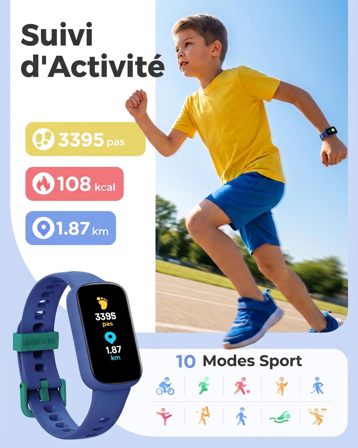 BIGGERFIVE Vigor Plus Montre Connectée Enfant Tracker d'Activité 5-15 Ans