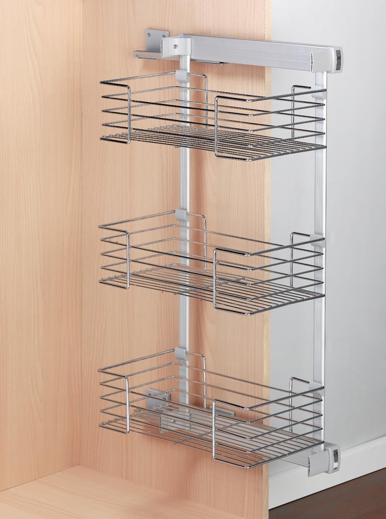 CESTOS LATERALES con guias de extracción total – para ARMARIOS, VESTIDORES, muebles de cocina – marco de aluminio, cestas en acero cromado – sistema de guías de freno (ALTO 74CM, IZQUIERDA)