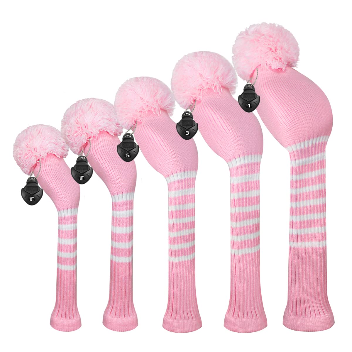 Scott Edward Knit Golf Club Cover with a Pom Set of 5 Head Covers Protect Driver Wood(460cc) 1 Fairway Wood2 and Hybrid/UT2 with Rotating Club Number Tags