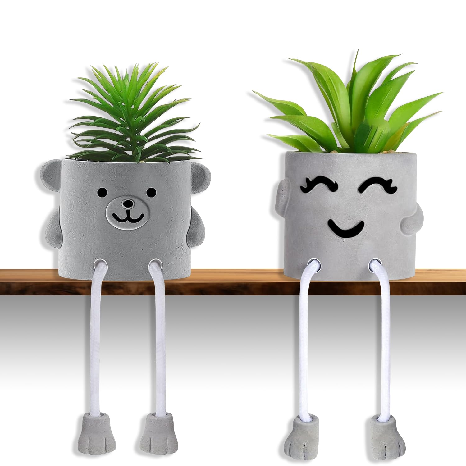 Duscdesp Artificial Potted Plant Set of 2 Cute Fake Succulent Plant with Hanging Leg artificial plants indoor Succulents Plants Decor for Home Office desk Bookshelf Bathroom desk decor(bear)
