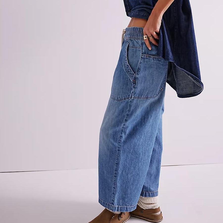Mxiqqpltky Y2K Drawstring Jeans Women Casual Elastic Waist Stretch Baggy Cropped Denim Pants Vintage Boyfriend Wide Leg Jeans2