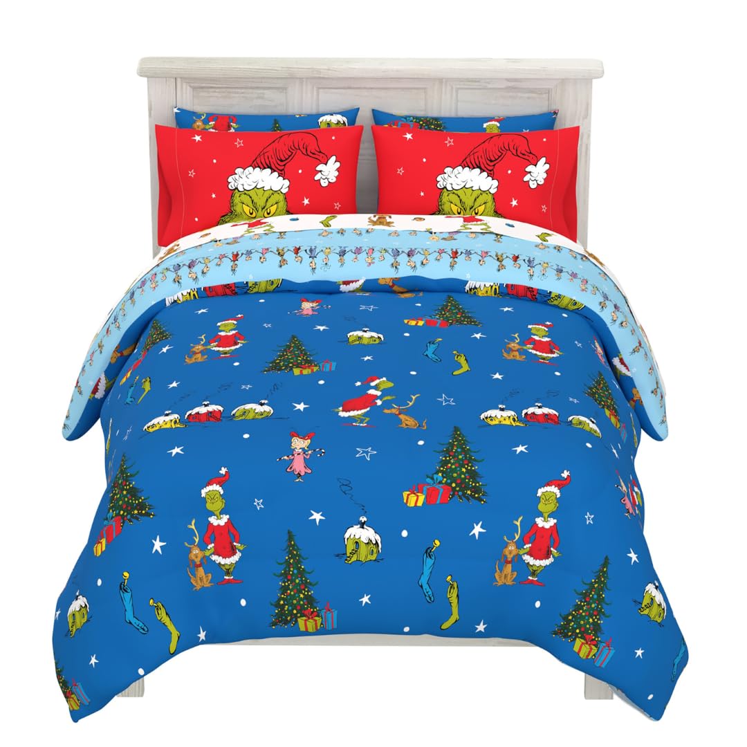 Grinch by Dr. Seuss Holiday & Christmas Bedding Super Soft Comforter and Sheet Set with Sham, 7 Piece Queen Size (Official Dr. Seuss Product) by Franco