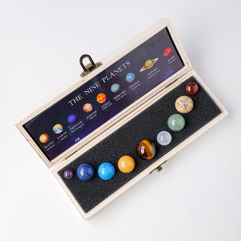 NIBHZ Bola de Cristal Natural Nueve Planetas Caja de Madera Conjunto de Cristal Mineral Muestra Sistema Solar Planeta Caja,25x7x3.5cm