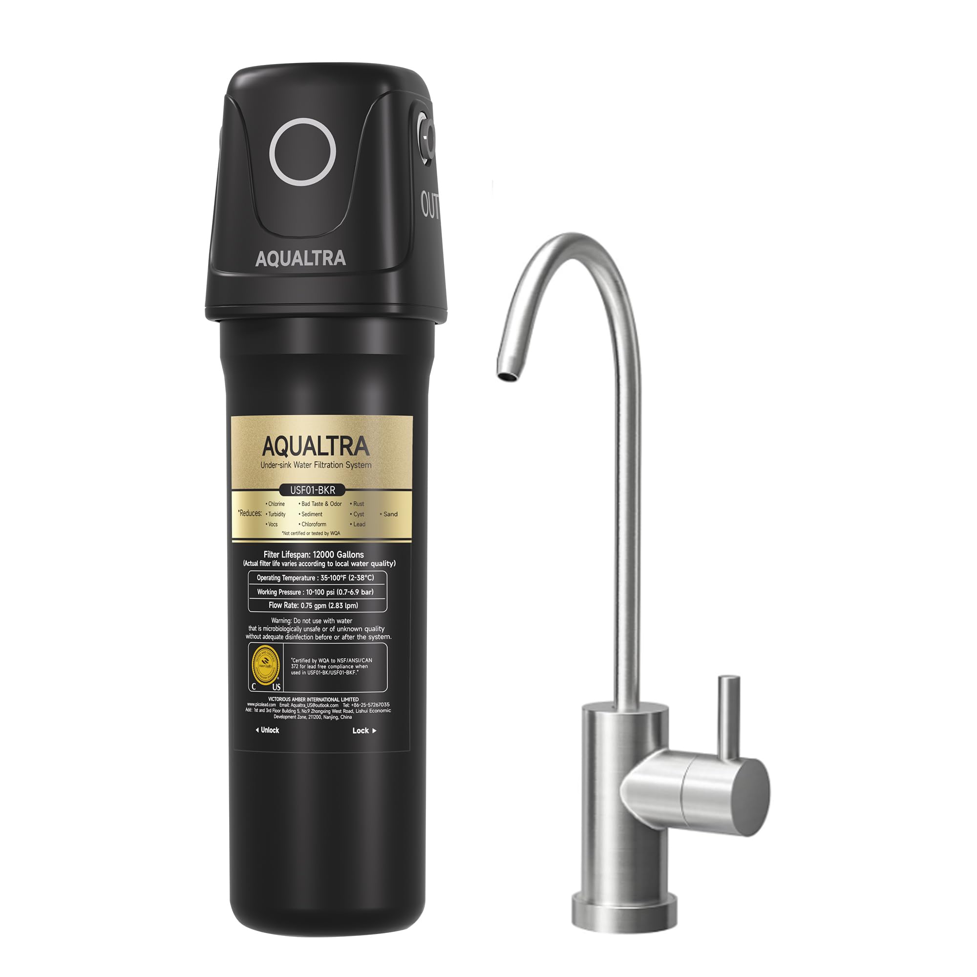 AQUALTRA USF01-BKF Sistema bajo fregadero con grifo, 45400L, certificado NSF/ANSI/CAN 372, reduce PFOA, PFOS, cloro, plomo, mercurio, cloramina, fluoruro, microplásticos, mal sabor & olor