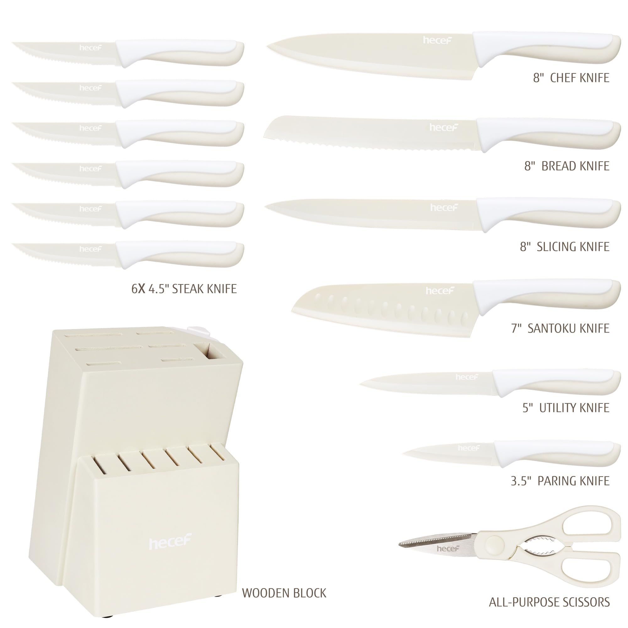 hecef Set de 14 Couteaux de Cuisine avec Bloc Aiguiseur, Revêtement Antiadhésif – Compatibles Lave-vaisselle, Manches Ergonomiques, Gain de Place, Idéal pour Cadeau ou Cuisine Moderne (Crème)