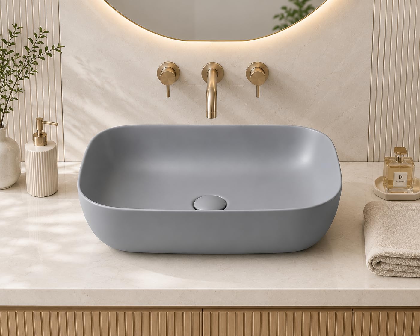 REMANENCE Premium Designer Matte Finish Table Top Ceramic Wash Basin/Vessel Sink with Slim Rim for Bathroom (18 x 13 x 5.5 Inch) (Matte Grey) 2