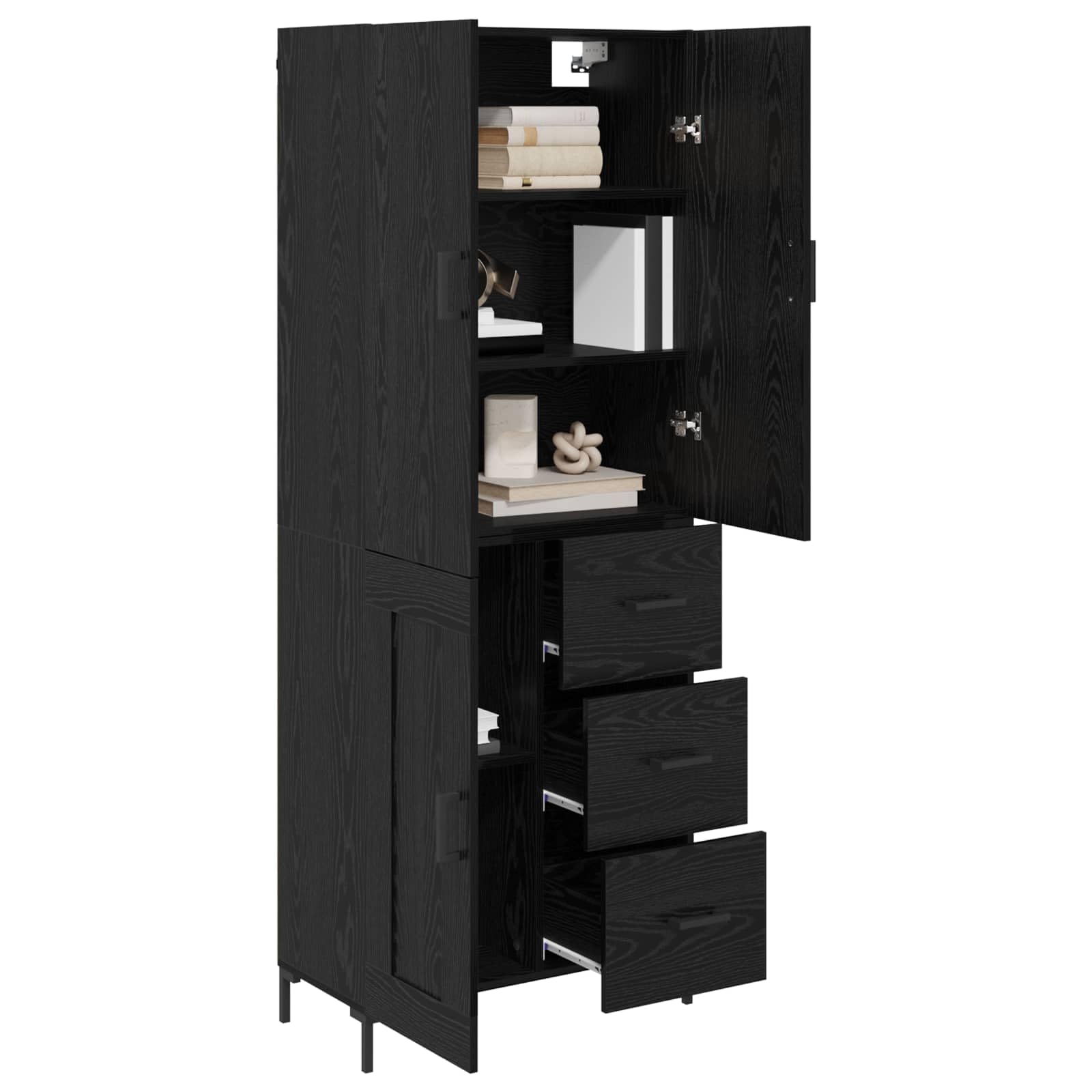 Meuble haut noir aspect chêne 69,5 x 34 x 180 cm avec tiroir, porte, espace de rangement, buffet, étagère pour salon, salle à manger, chambre à coucher, bureau
