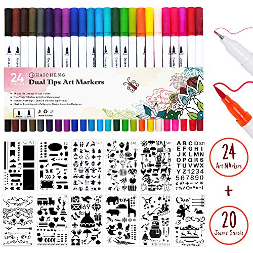 Lot de 44 Pochoir Journal et Double Pointes Feutre Fine pour Journal, Mandalas, DIY Album Photo, Manga etc.