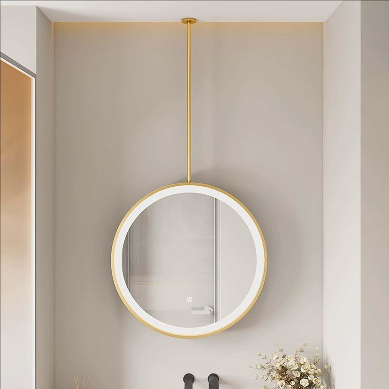 GLJTUO Ceiling Mounted LED Mirror with Metal Frame and Hanging Rod, Wall Vanity Suspended Floating Decorative Mirrors for Bathroom Living Room Hallway,Gold-1L x 1W cm