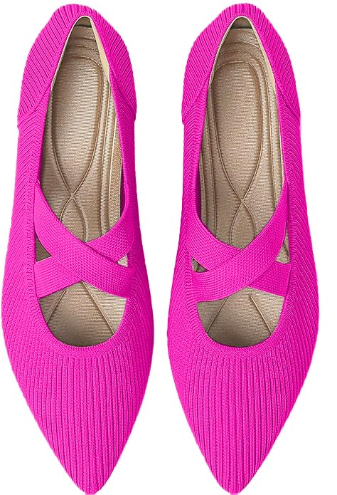 Image of TINGRISE Womens Mary Jane Flats Knit Ballet Flats for Women Pointed Toe Dressy Comfortable Slip-On Flats Shoes for Work Casual