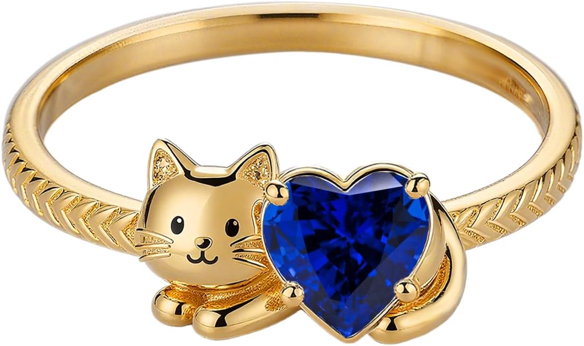 Gemstone Cat Rings for Women Cute Cat Promise Statement Anniversary Ring Birthstone Ring Jewelry Gifts Size 4-15