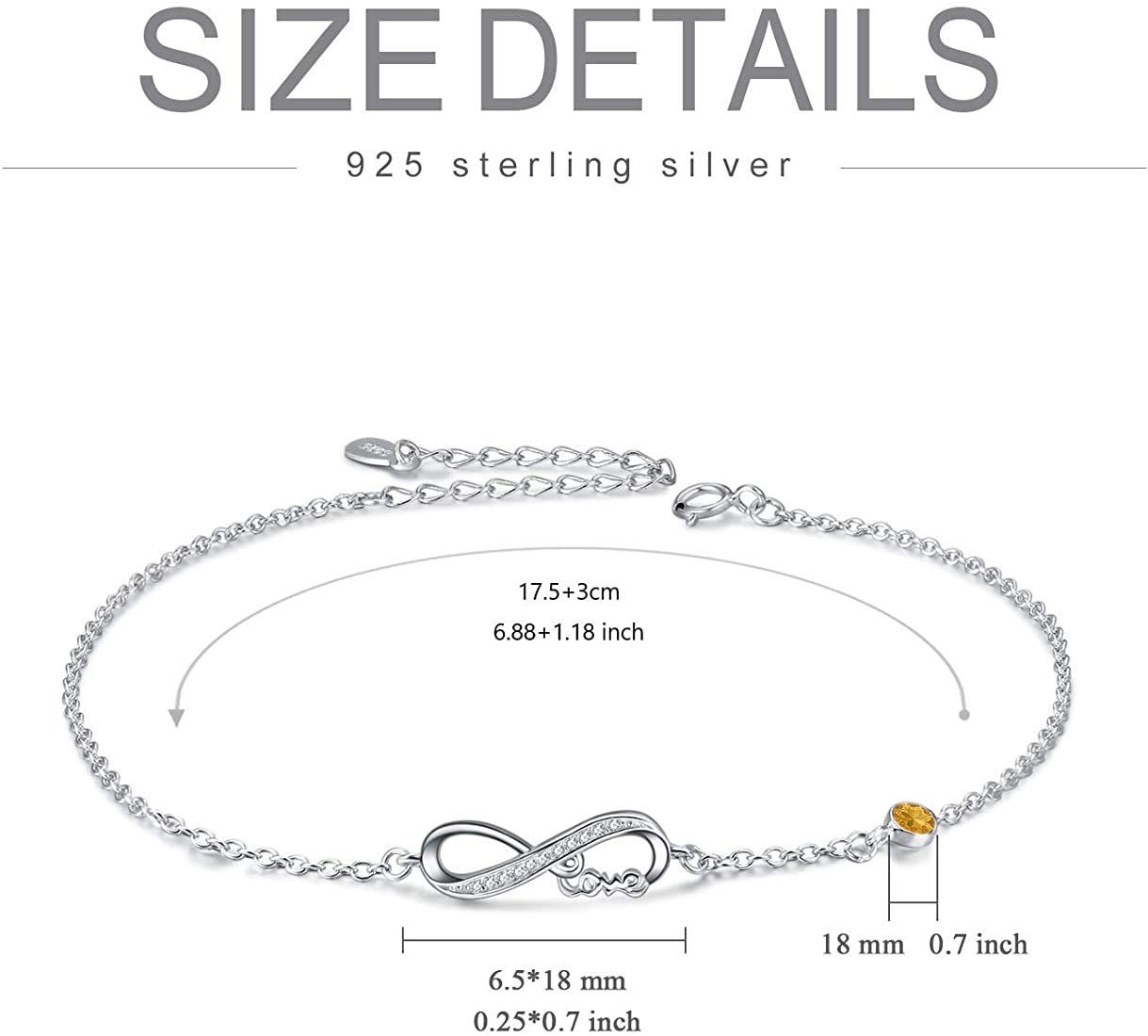 AOBOCO Infinity Armband Damen Sterling Silber 925 Unendlichkeitszeichen Armband Verstellbar Armkette mit Geburtsstein Kristallen