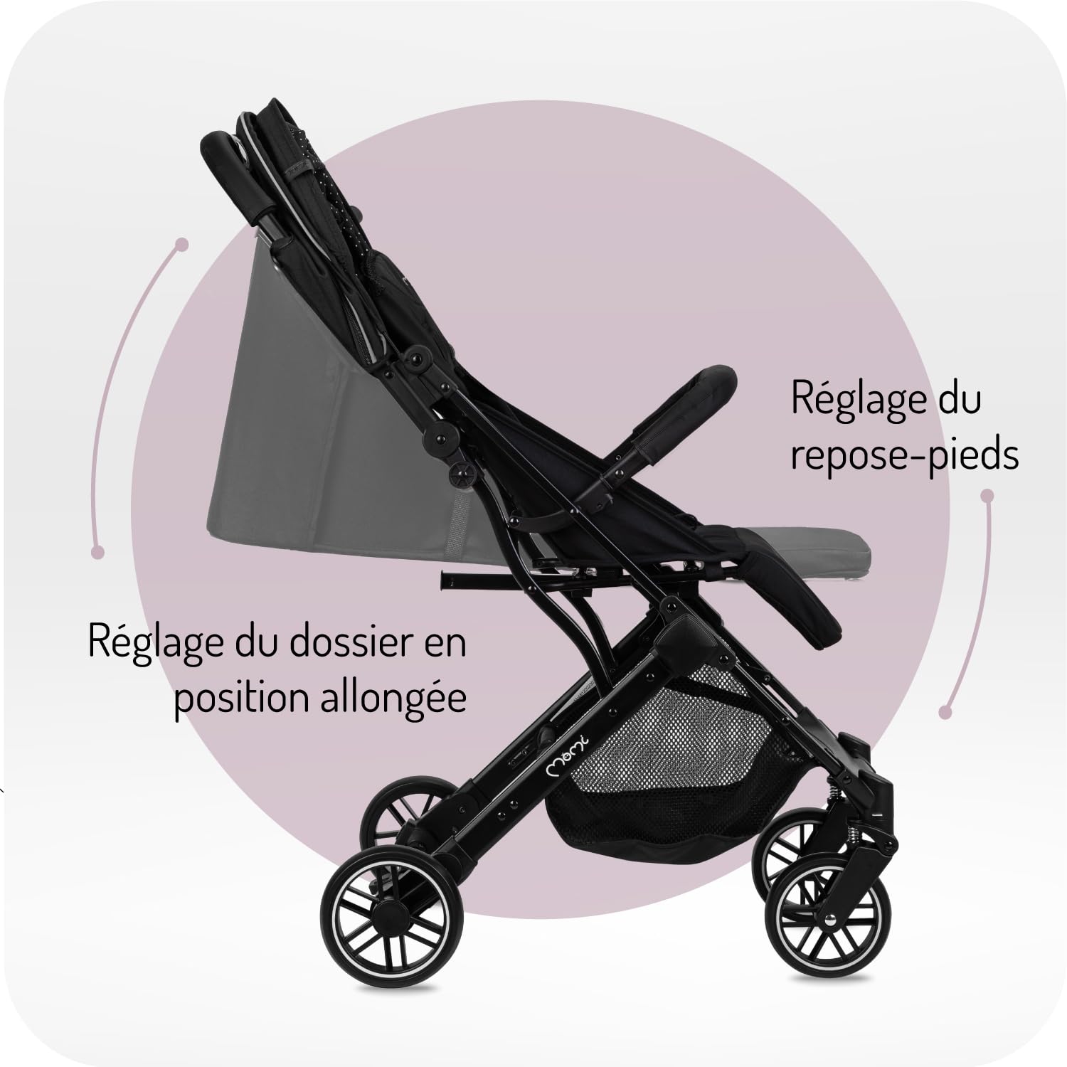 MoMi ESTELLE Poussette à partir de 6 mois (jusqu'à 15 kg), poussette pliante avec harnais de sécurité 5 points, panier de courses avec fonction de dépliage, poignée télescopique de traction