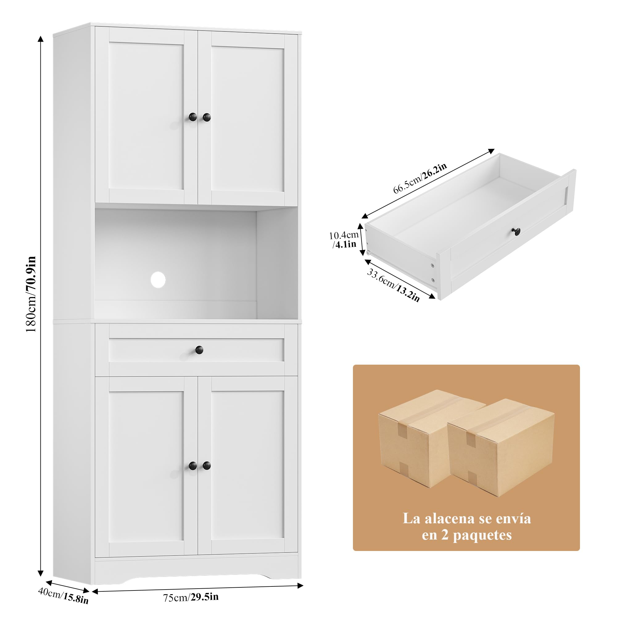 FOREHILL Alacena de Cocina 180cm Aparador Comedor Mueble Auxiliar de Cocina Armario Almacenaje Armario Despensa Cocina, 4 Puertas, 1 Cajón, Estantes Ajustables, para Comedor, Baño (Blanco) 40x75x180cm