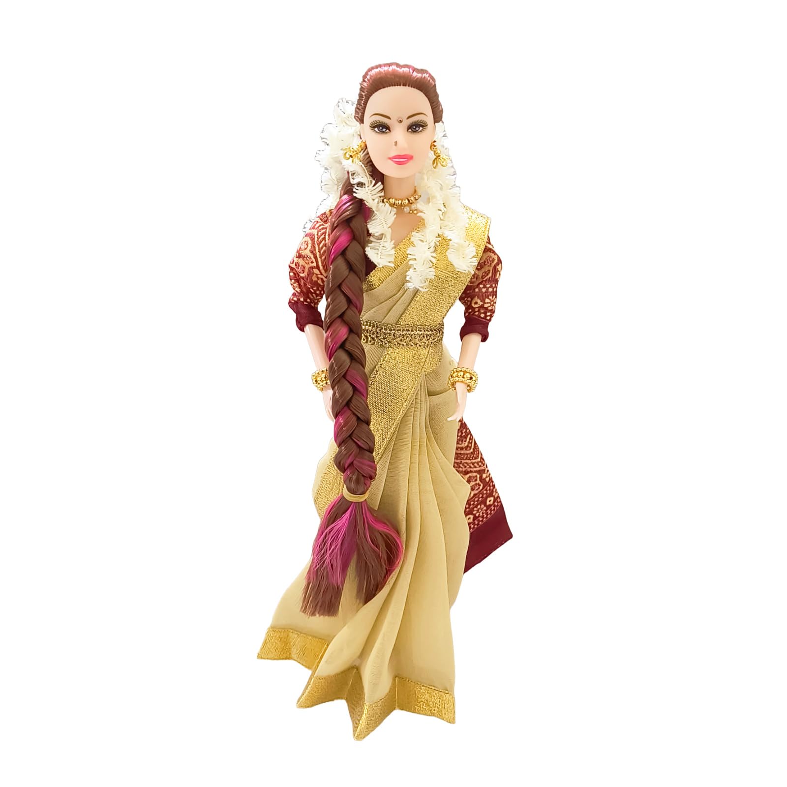 Maalona | Geetha |South Indian Doll in Saree with Flower Garland,Nose pin & Bangles | Fully Foldable | Long Hair | Hand-Stitched Saree | Pretend Play Doll (11.3 Inch, Cream & Gold) (B0D8FZHSB3) Amazon Price History, Amazon Price Tracker