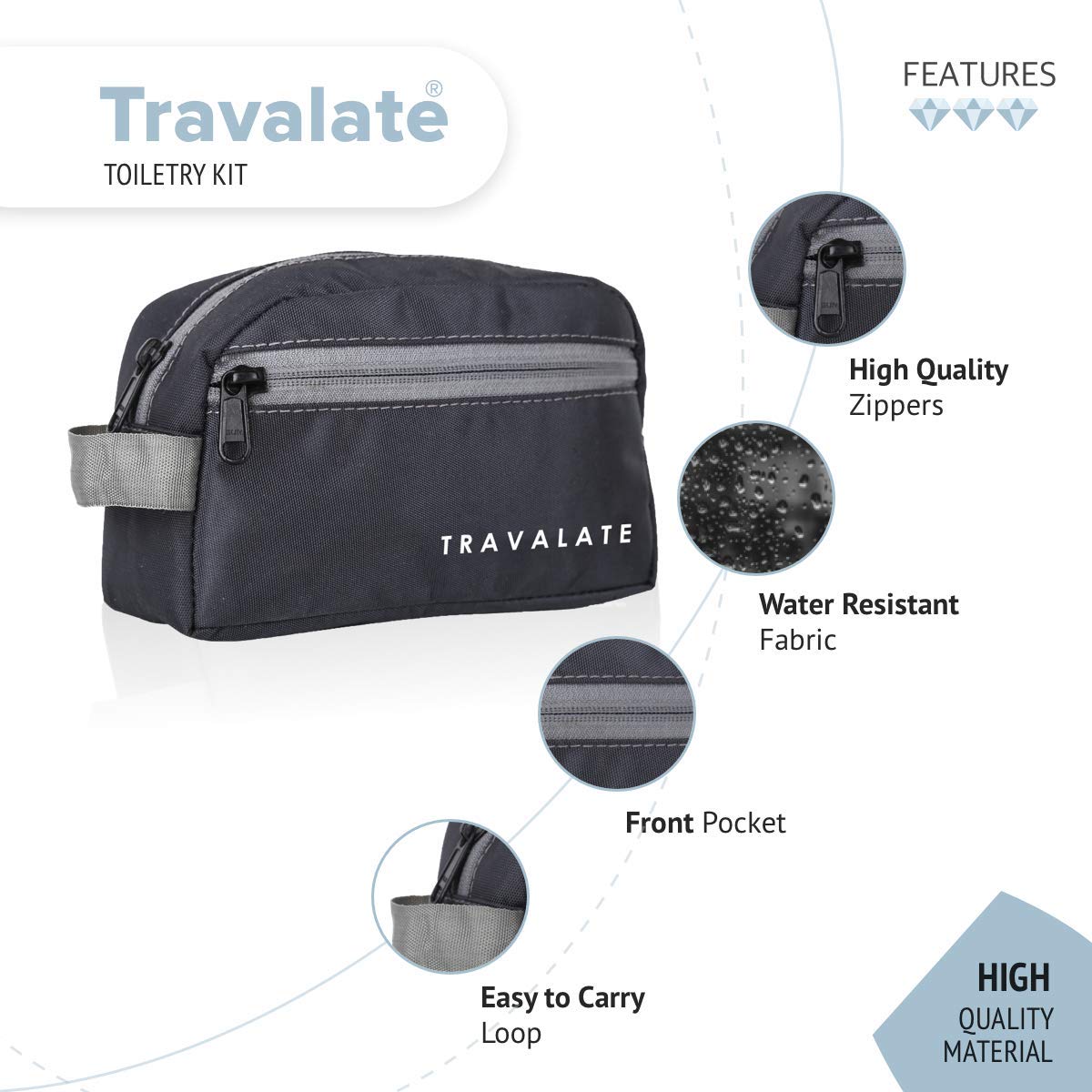 TRAVALATE Polyester Single Compartment Multipurpose Toiletry Bag - Grey 2