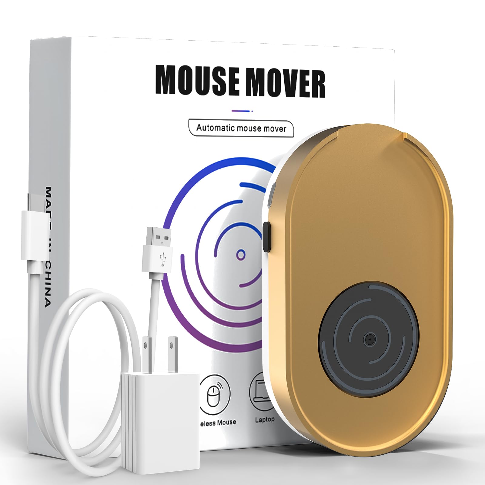 Ergopollo Mouse Jiggler, Undetectable Mouse Mover Device Wiggler Shaker with Drive Free USB Cable and 5V1A Adapter, Moves Mouse Automatically, Keep PC Screen Active, Gold