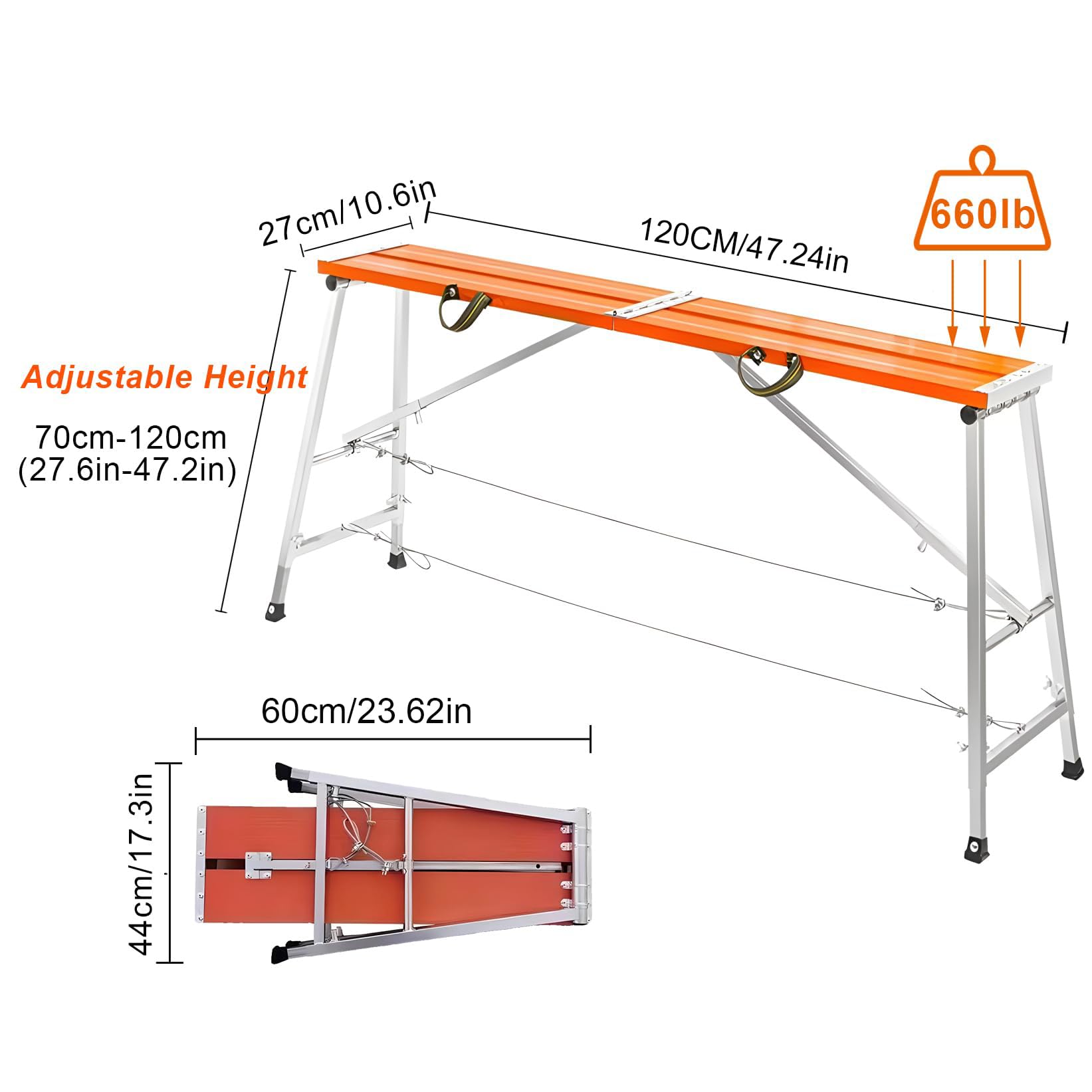 Plataforma de Trabajo de Aluminio, 120 x 27 cm | Altura Ajustable, Escalera de Acero de Aleación Plegable, Andamios para Cocina Baño Camping