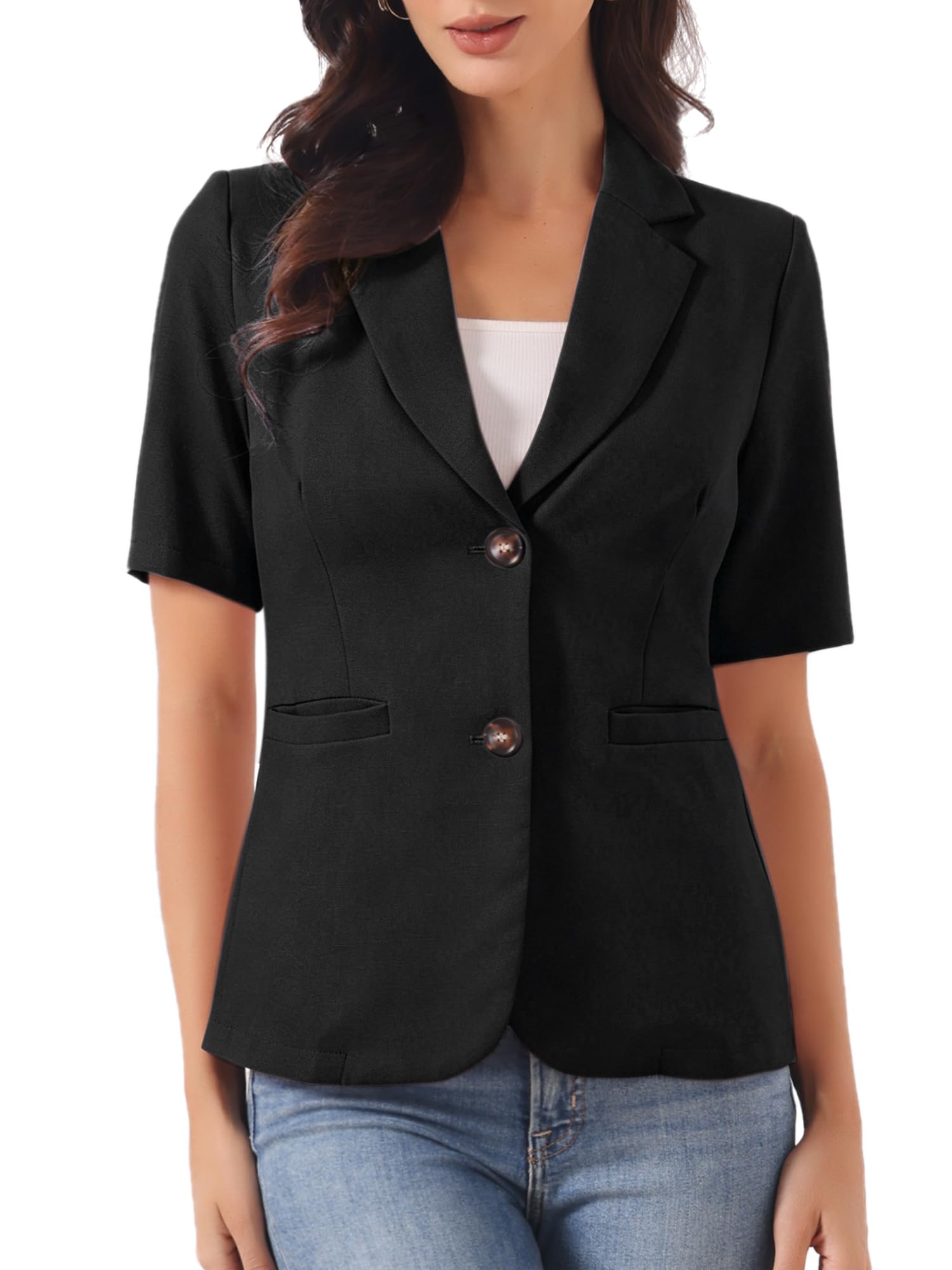 Allegra K Damen Kurzarm Blazer Reverskragen Offener Vorderseite Business Freizeit Anzugjacke mit Taschen Jacke