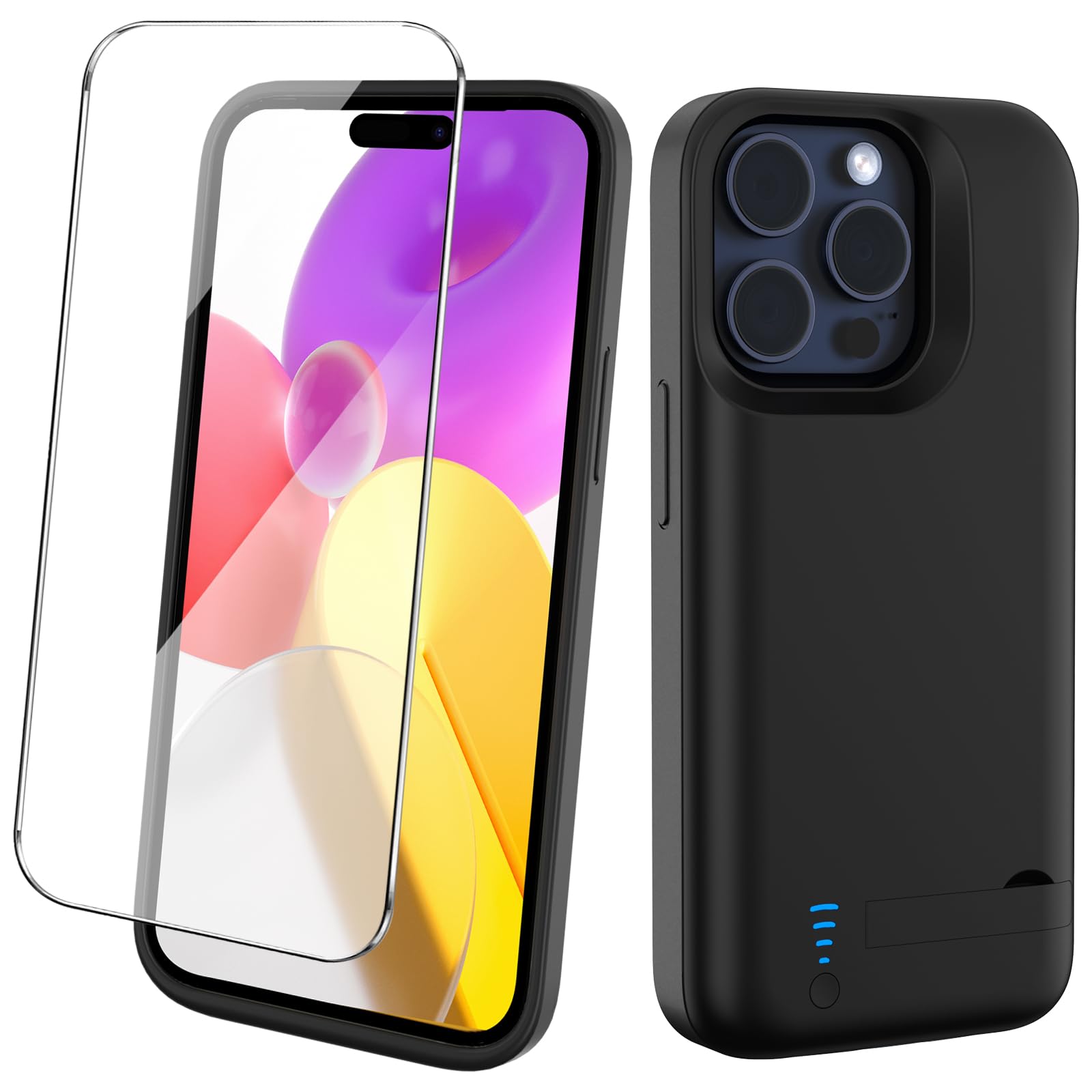 Akkuhülle für iPhone 15 Pro (8500mAh), Schlanke Wiederaufladbare Erweiterte Ladehülle Powerbank mit Standfuß, Tragbare Schutzhülle mit Akku für iPhone 15 Pro,(6,1 Zoll) – Schwarz