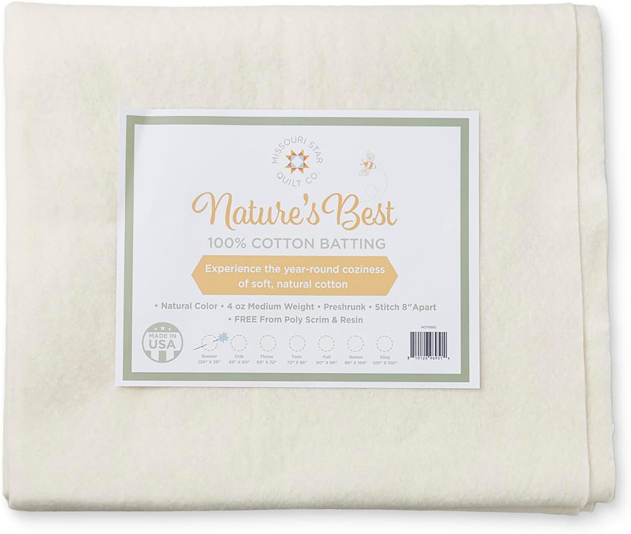 Quilt Batting Twin Size, 72" x 96" | 100% Cotton – No Poly Scrim or Resin | Medium Weight Batting Roll for Stuffing Blankets and Quilting Supplies