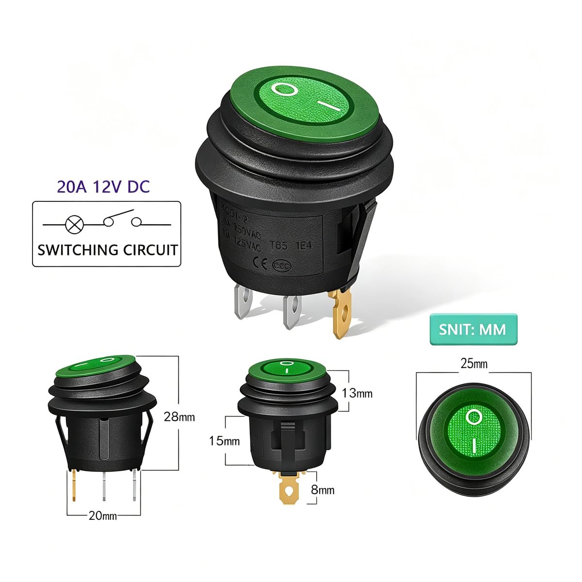 Gebildet Przełącznik Dźwigienkowy z Diodami LED 20A, 12V-24V DC, do Samochodów, łodzi, Ciężarówek, Przyczep, 3-biegunowych, Wodoszczelny, Okrągły Przełącznik Kołyskowy SPST, przycisk Rocker