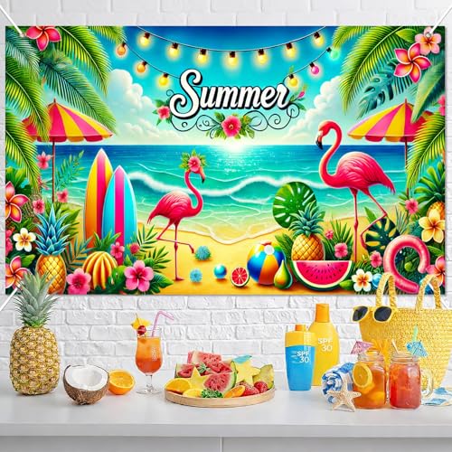Image of HOMETITUTE Summer Beach Banner 71x43 Inches Summer Backdrop Beach Party Decorations Hawaiian Tropical Banner with Flamingo, Fruit and Surfboard, Pool Party Decor for Outdoor Decorations Supplies