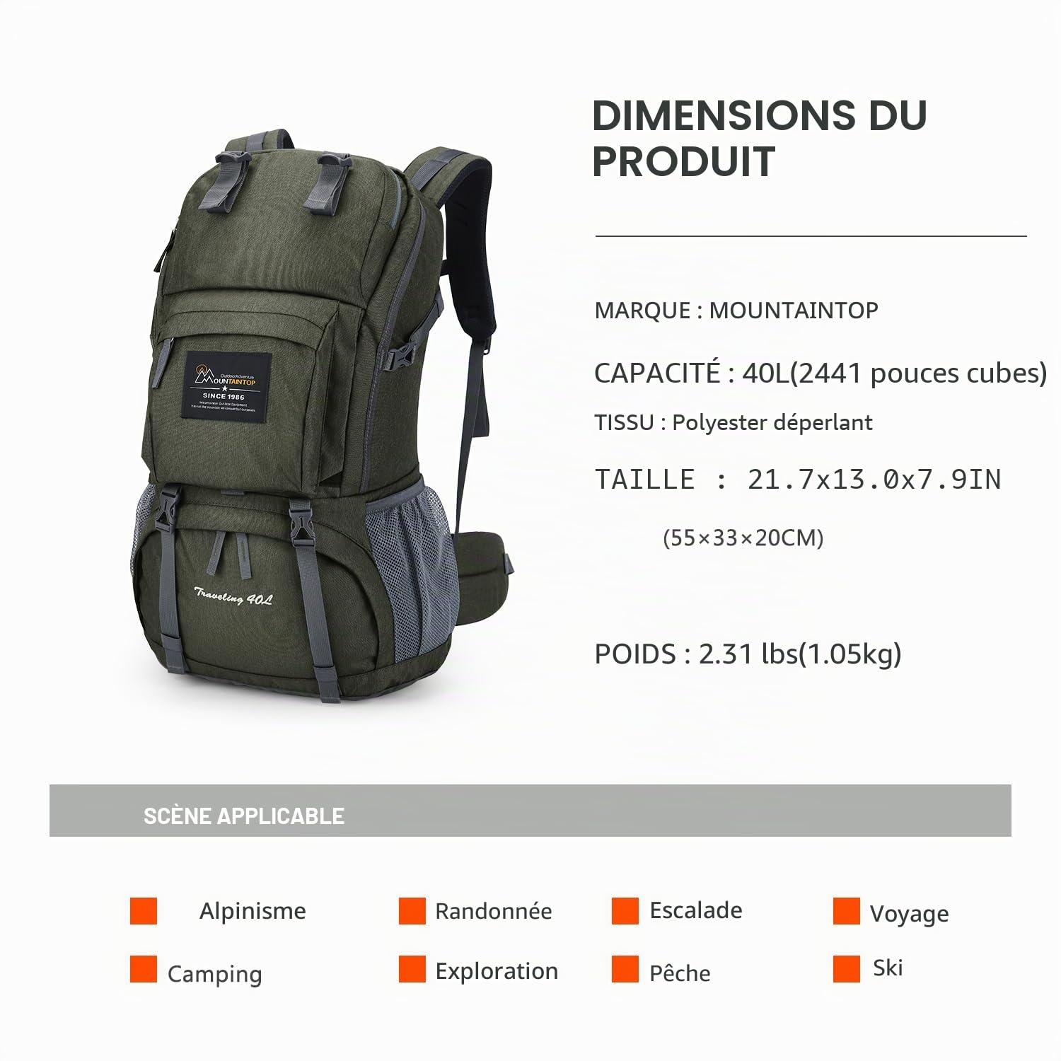 Sac à dos de randonnée MOUNTAINEER 40 l Idéal pour le trekking, les voyages, le camping et l'escalade