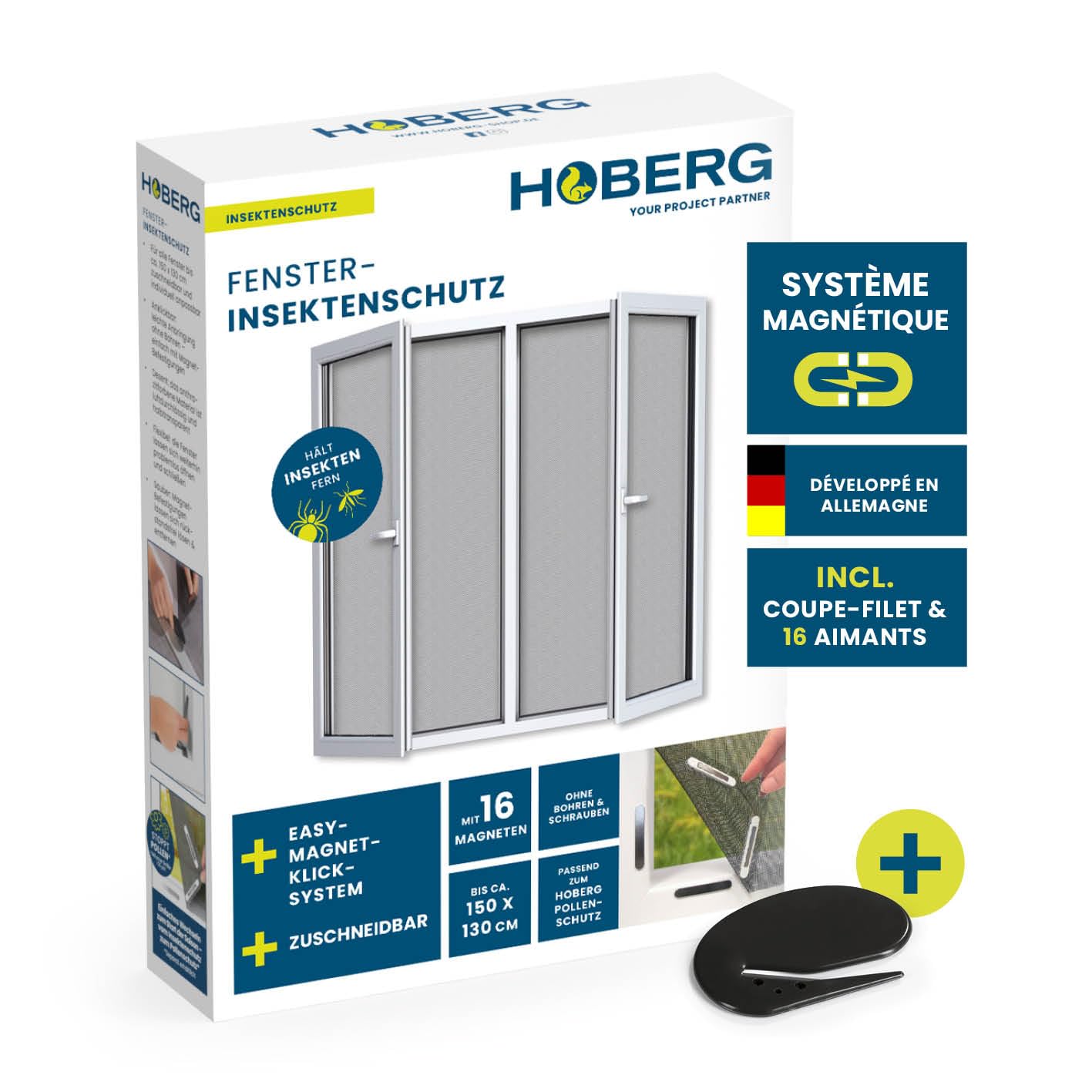 Hoberg Moustiquaire de fenêtre Fixation magnétique 150 x 130 cm découpable Noir
