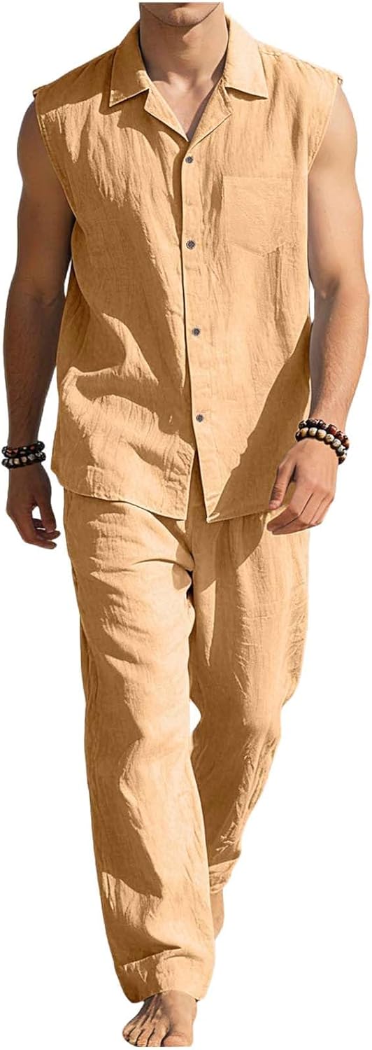 Cambkatl Men's 2 Piece Linen Sets, Sleeveless Button Down Shirt & Beach Yoga Pants Summer Vacation Outfits with Pockets