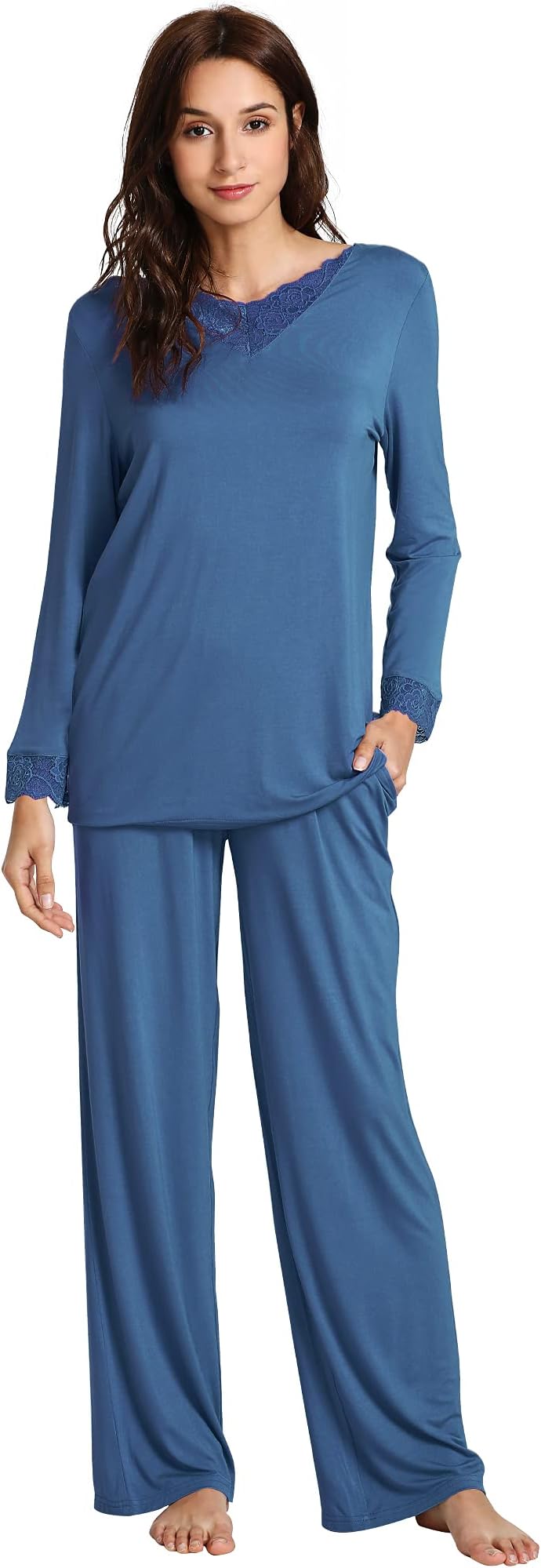 WiWiBamboo Soft Pajamas Sets for Women Long Sleeve Sleepwear Laced V Neck Top with Pants Plus Size Loungewear S-4X