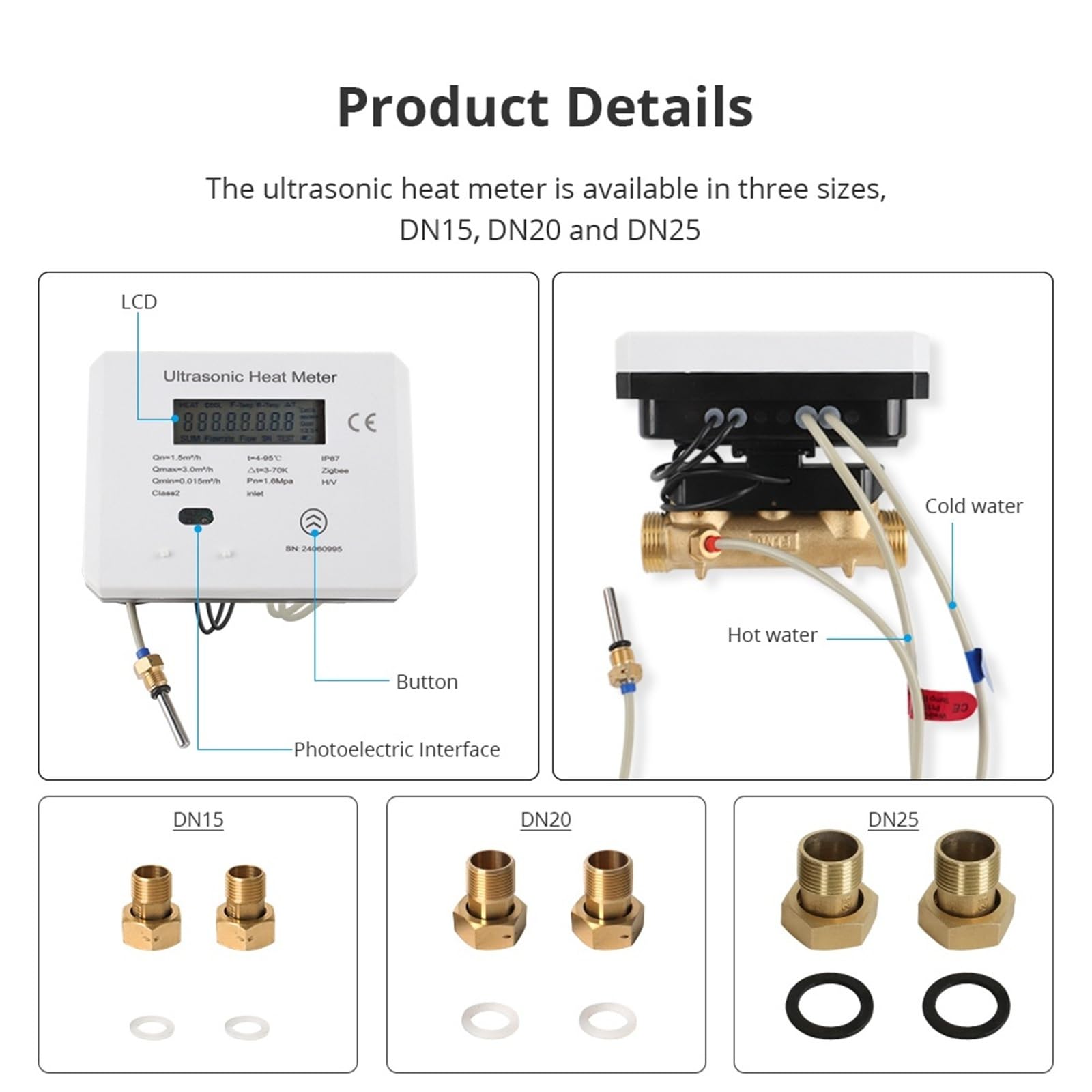 Medidor de Flujo Digital Medidor de Calor ultrasónico, Pantalla LCD, Aire Acondicionado, medidor Agua fría y Caliente, energía calefacción, Trabajo(DN32)