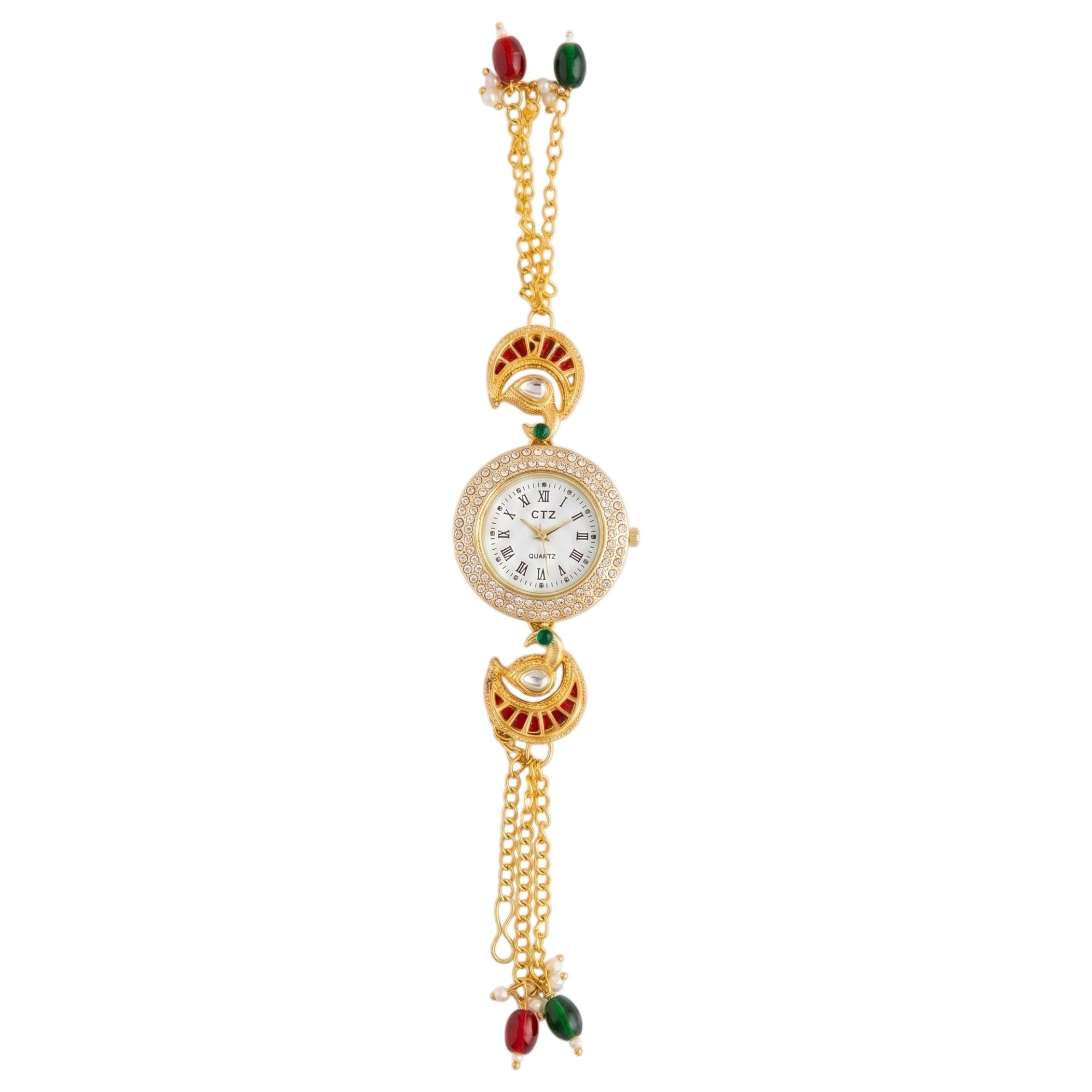 Women's Traditional Elephant Motif Bracelet Watch | Designer Ethnic Wrist Watch with Lotus Charm, Pearl Tassels & Crystal Studded Dial | Festive Wedding Jewelry Watch108-picture-51