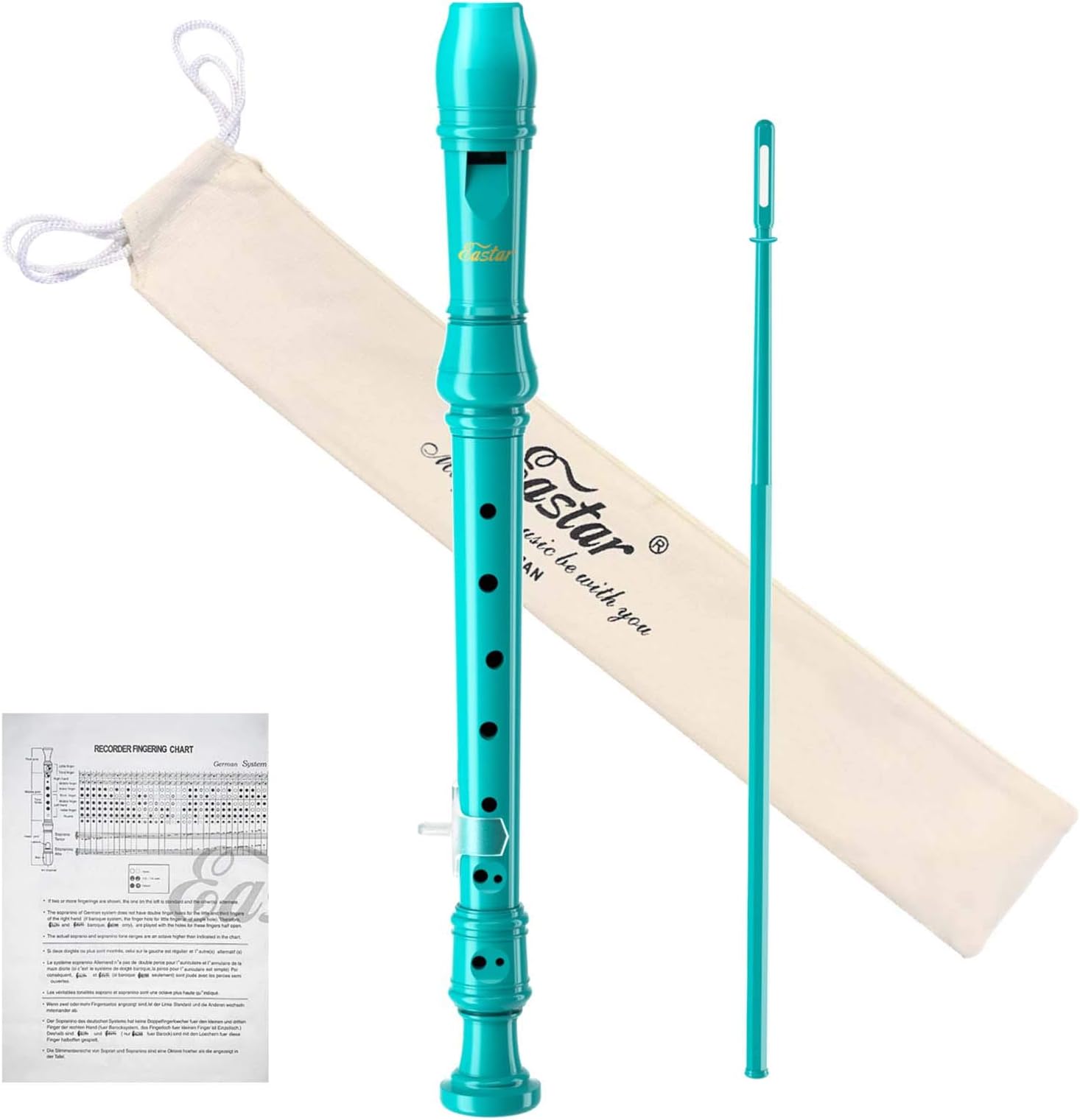 Eastar ERS-21GSB ABS Soprano Recorder Descant German Style Key of C for Kids with Thumb Rest Chart Cleaning Rod Cotton Bag, Sky Blue