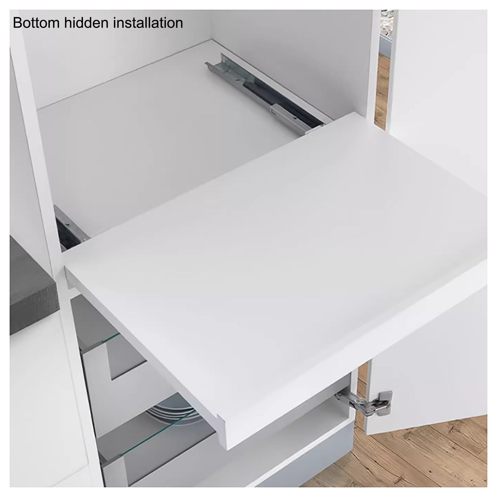 Schwerlast-schubladenschienen, Unten Montierte Vitrinenschienen, Geräuscharme Pufferschrankschienen, Dreiteilige Bodenschienen, 1 Paar (2 Stück), Versteckte Führungen(55cm/21.7in)