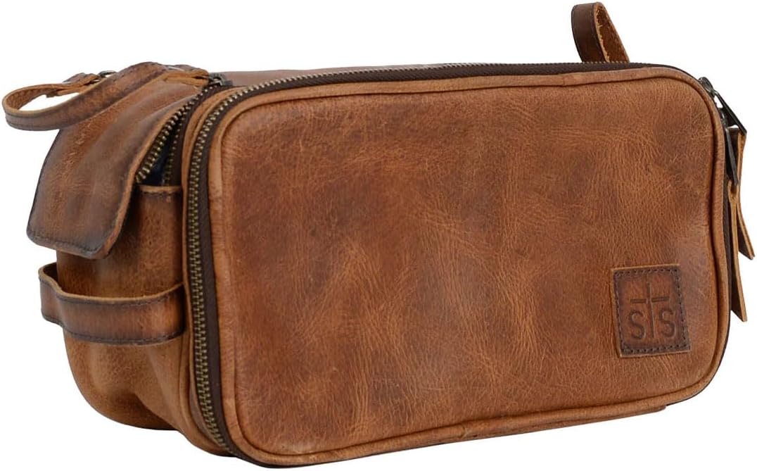 STS Ranchwear Men's Premium Full Grain Leather Oiled Waxed Pocketed Tucson Double Zip Shave Kit Bag with 2 Mesh Zip Slots, 1 Interior Zip Pocket, 2 Mesh Interior Side Pockets