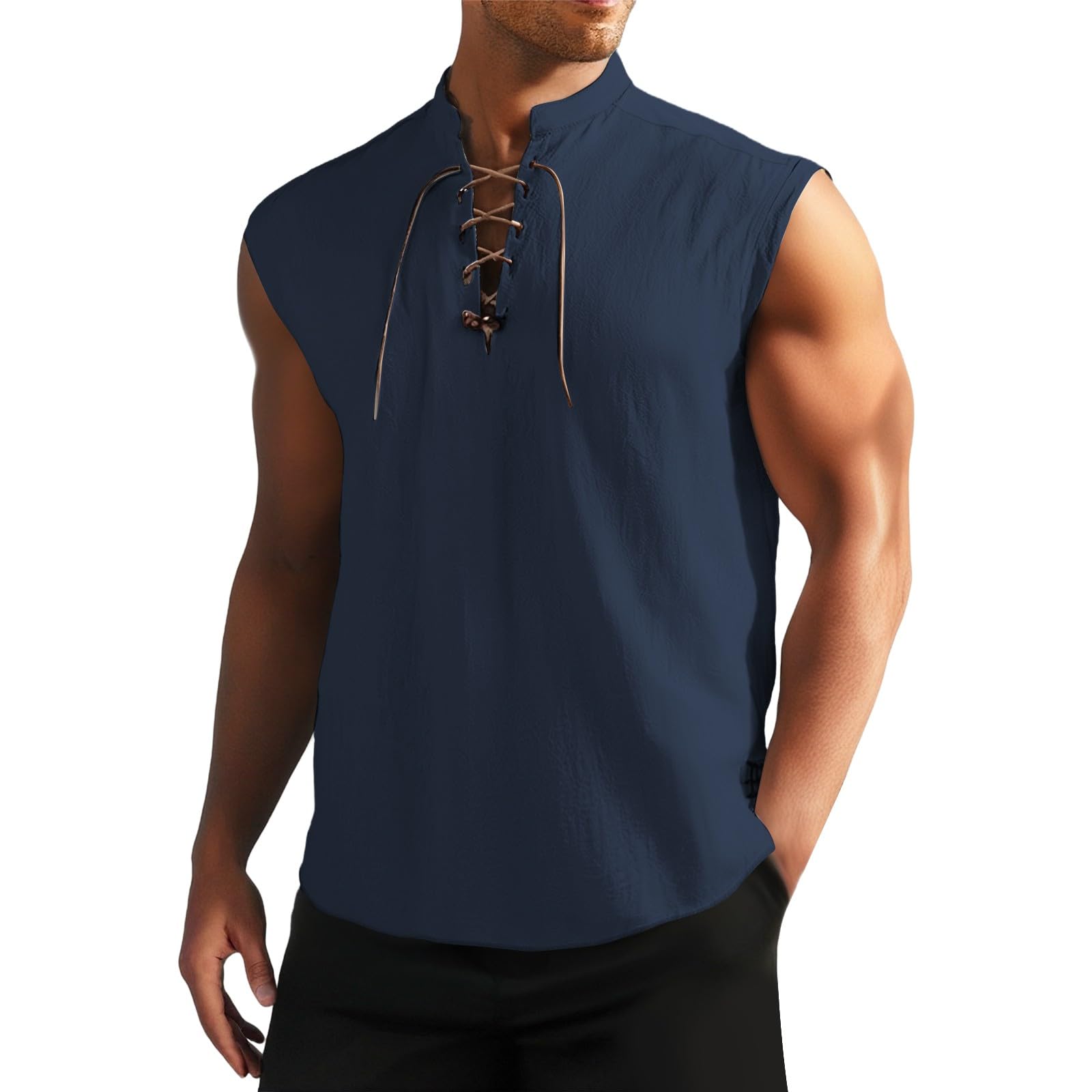 Mens Tank Tops Sleeveless T Shirts Cotton Lace Up Shirt Linen Tshirt for Pirate Renaissance Medieval Viking Costume Camiseta De Tirantes para Hombre(Navy, XXL)